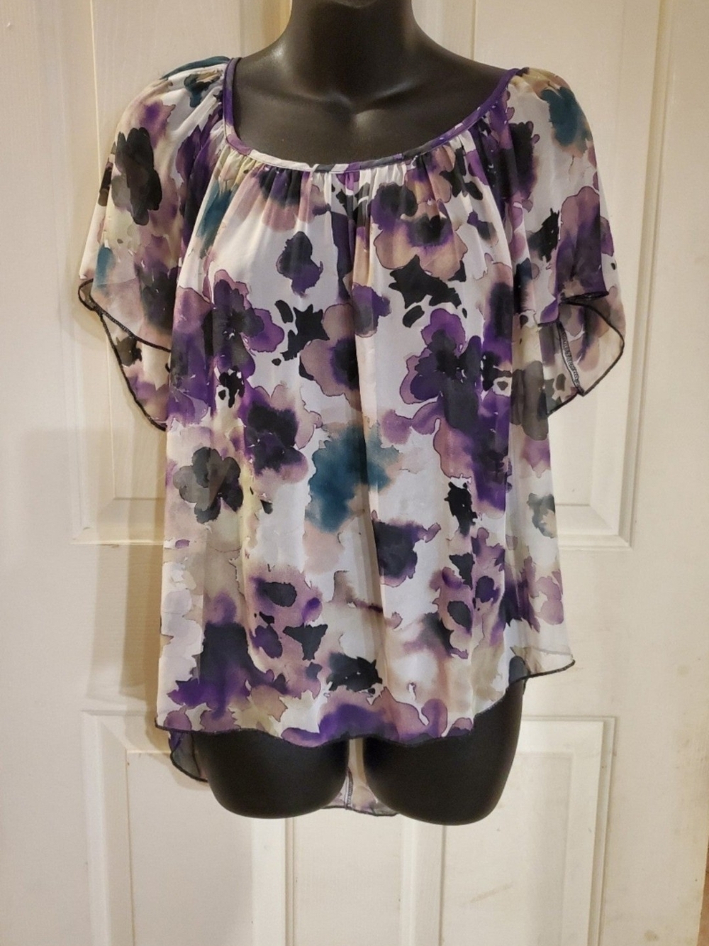 Wrapper Purple Floral Watercolor Flutter-Sleeve Blouse